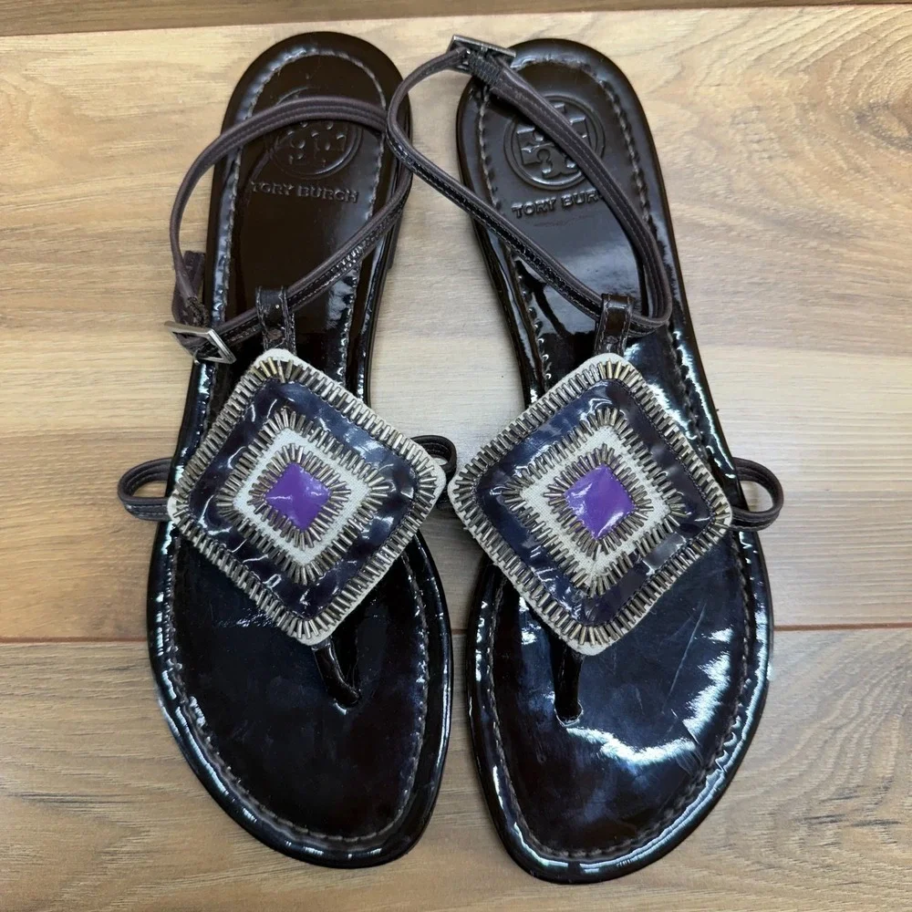 Tory‎ Burch Beaded Sandals Womens 8.5 M Deep Purple Patent Leather Ankle Strap